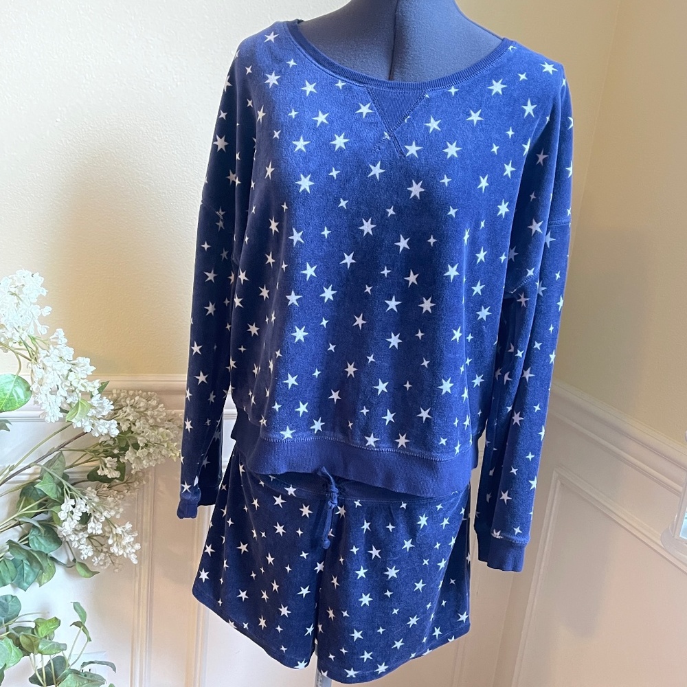 Pink Rose Velour Shooting Star Lounge Pajama Set Navy & White Size XL